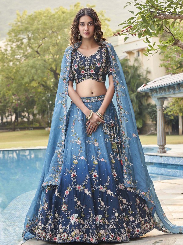 Shaded Blue Pure Organza Lehenga Choli